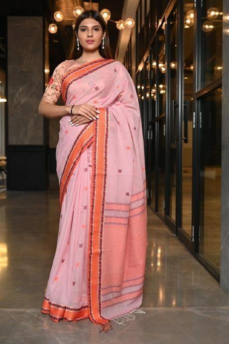 Delightful Light Pink Color Linen Hand Printed digital Saree