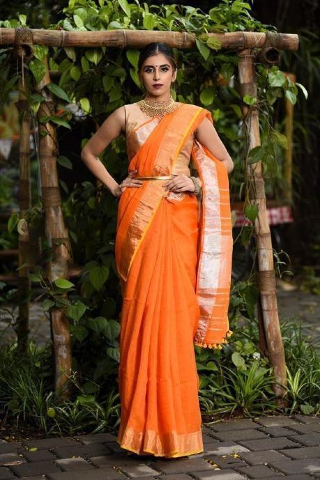 Desiring Orange Color Linen Multi Digital Print Saree for woven wear