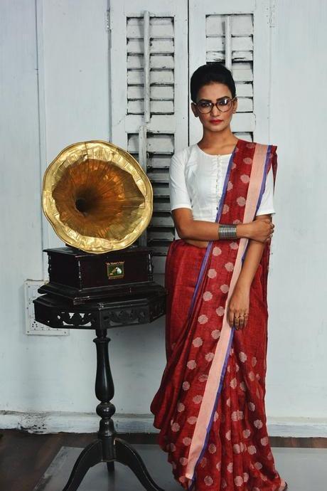 Desiring Maroon Color Linen Block Printed Saree