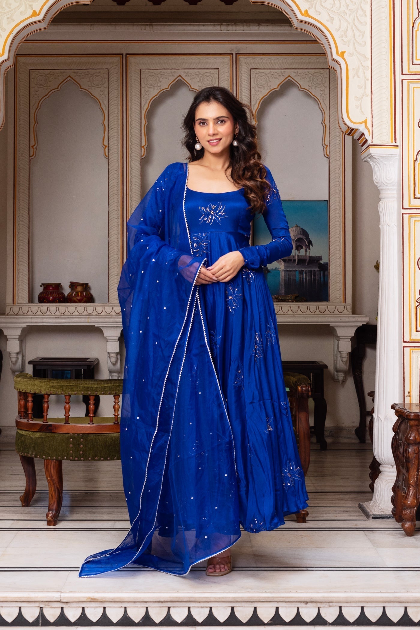 Admirable Blue Color Designer Heavy Work Gown