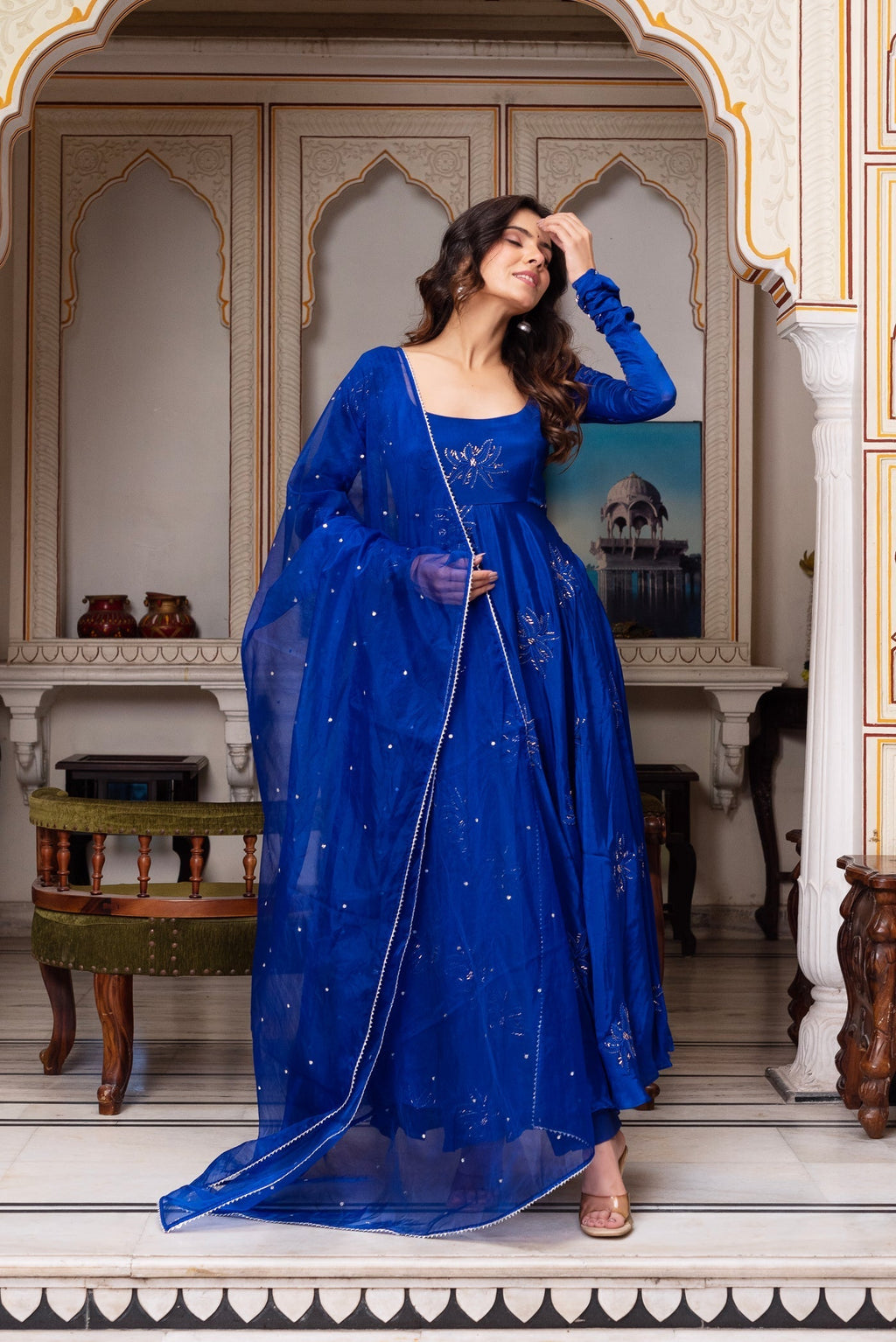 Admirable Blue Color Designer Heavy Work Gown