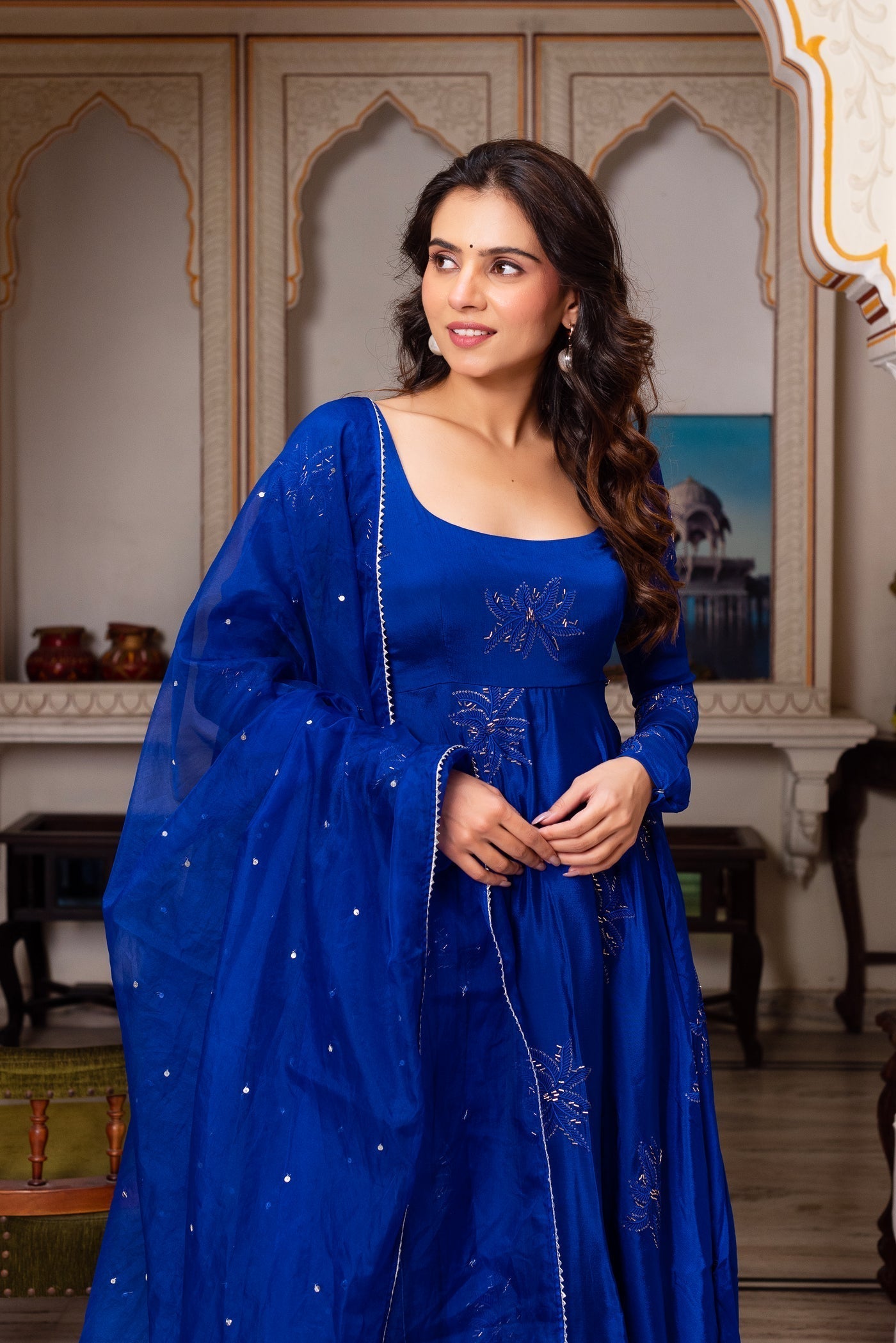 Admirable Blue Color Designer Heavy Work Gown