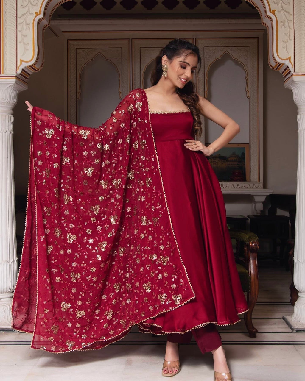 Maroon Color Anarkali Regular Wear Multi Gown
