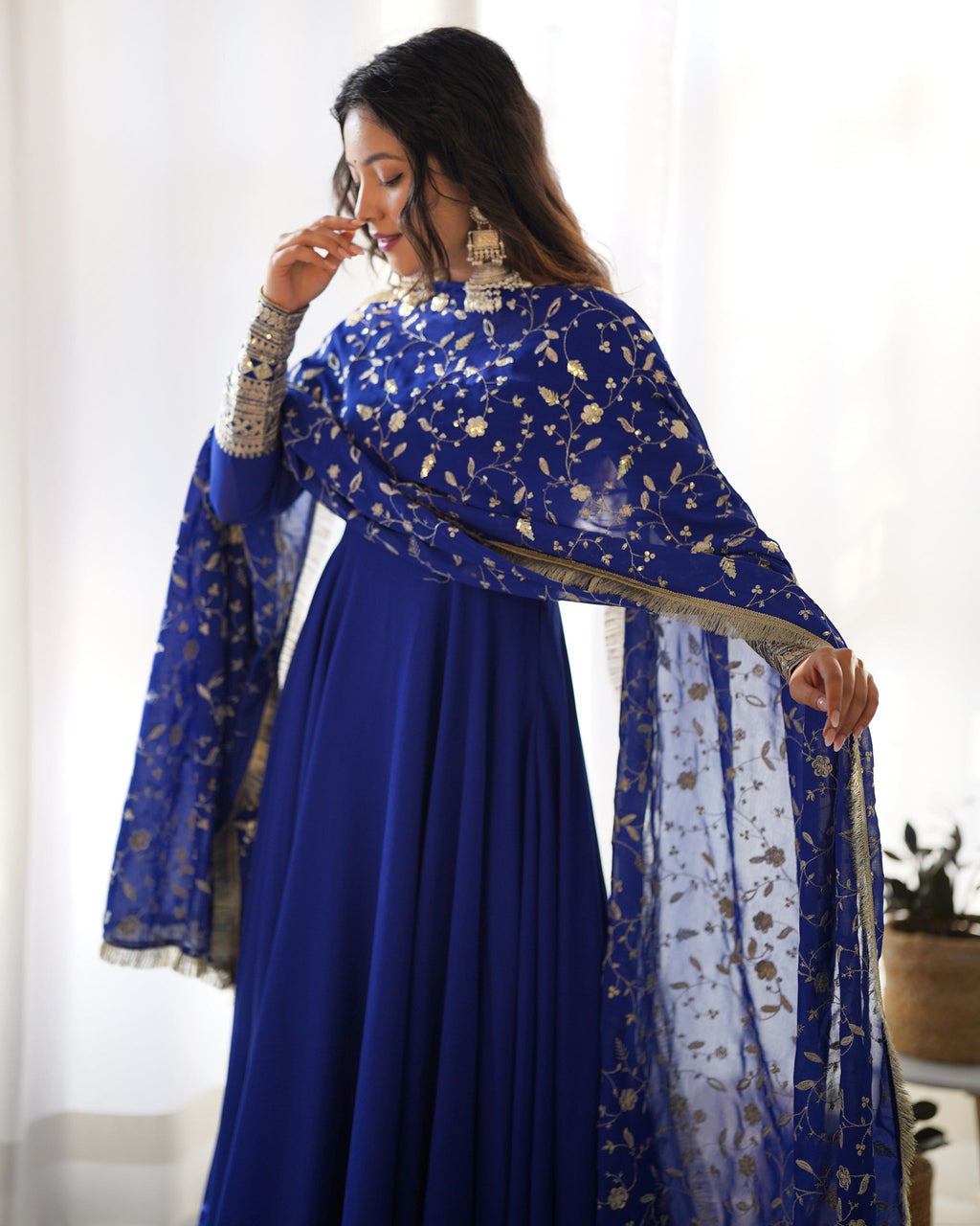 Admirable Dark Blue Color Heavy Work Gown Designs