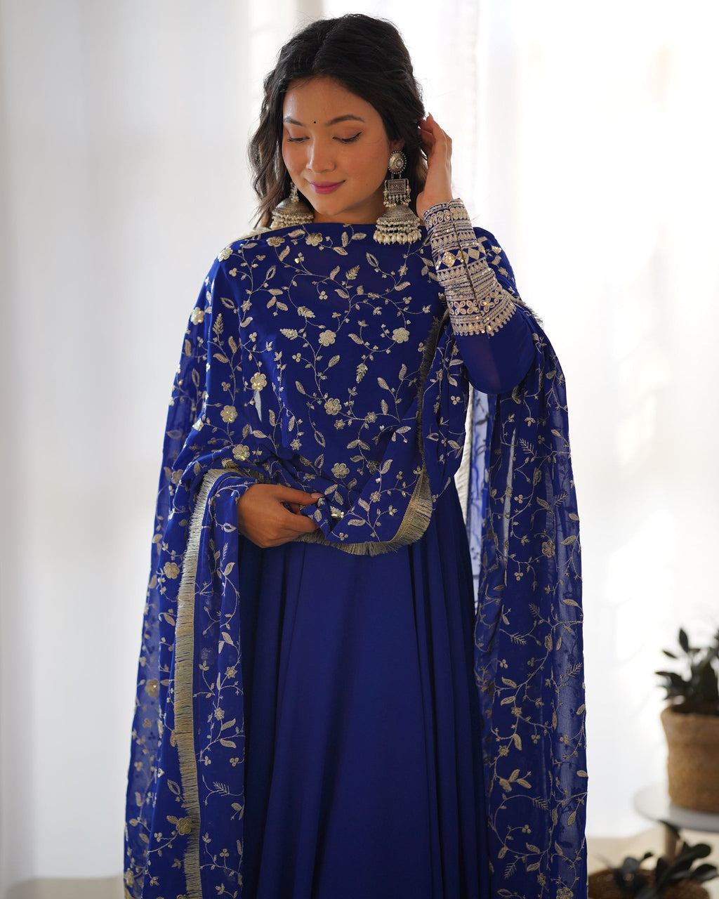 Admirable Dark Blue Color Heavy Work Gown Designs