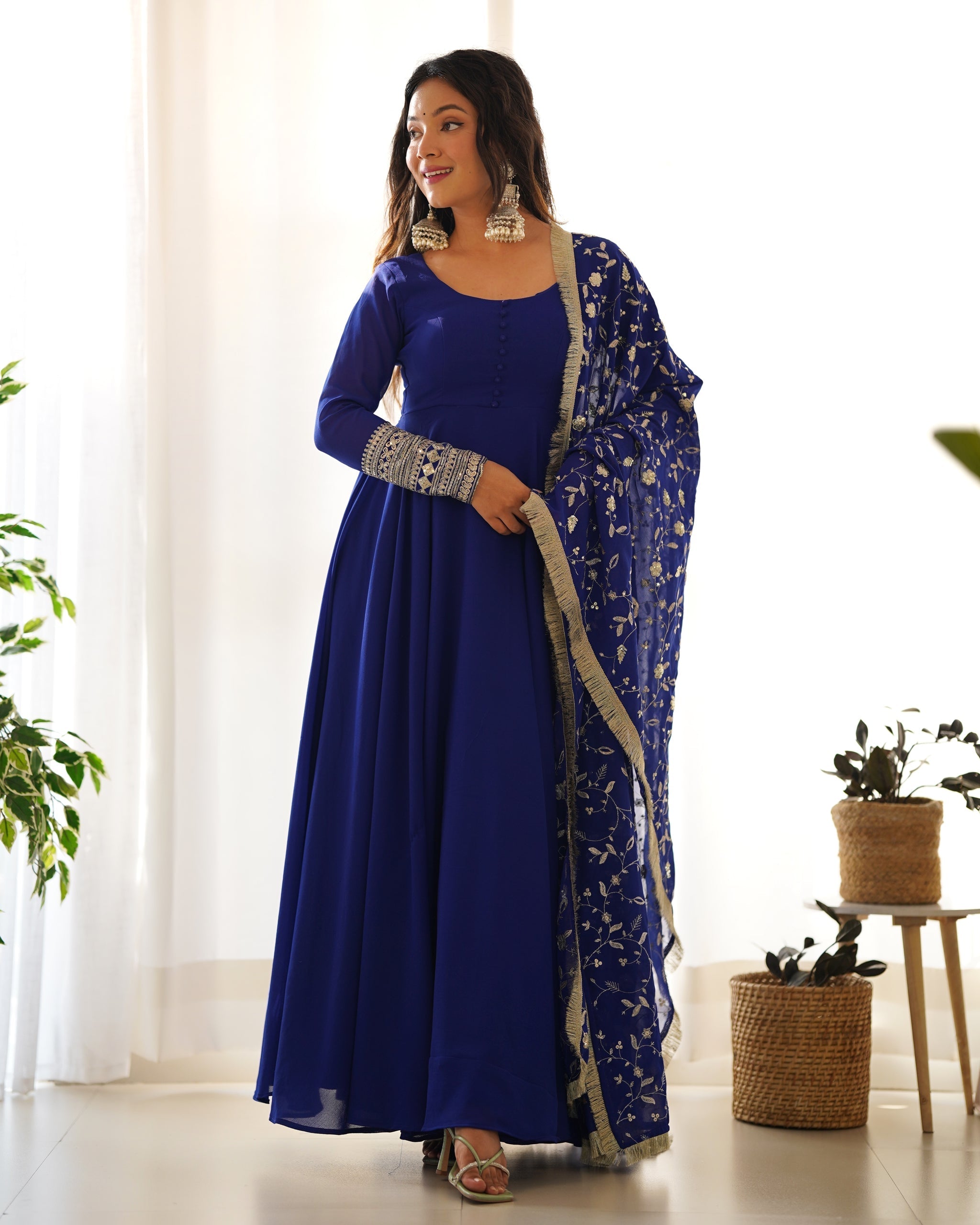 Admirable Dark Blue Color Heavy Work Gown Designs