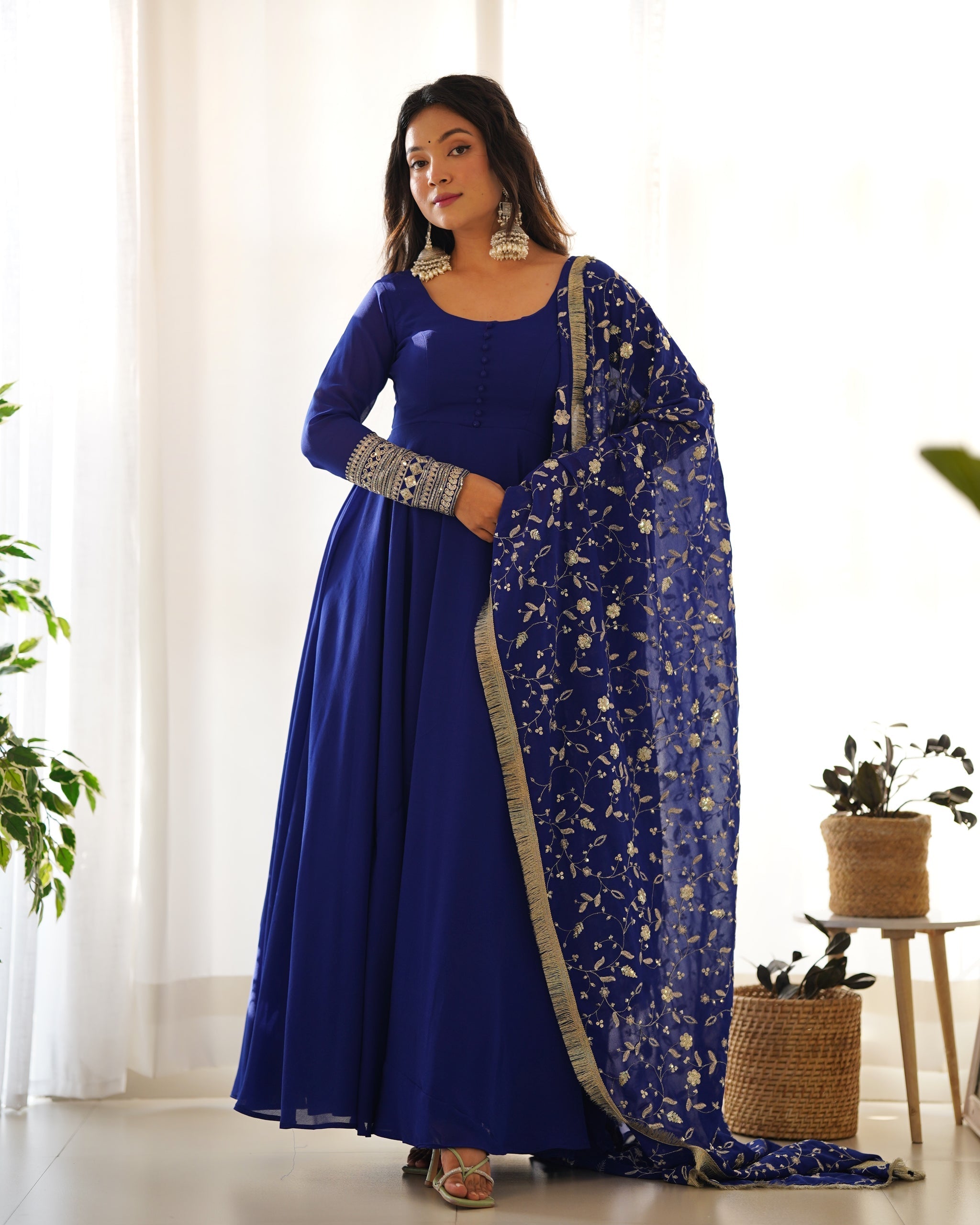 Admirable Dark Blue Color Heavy Work Gown Designs
