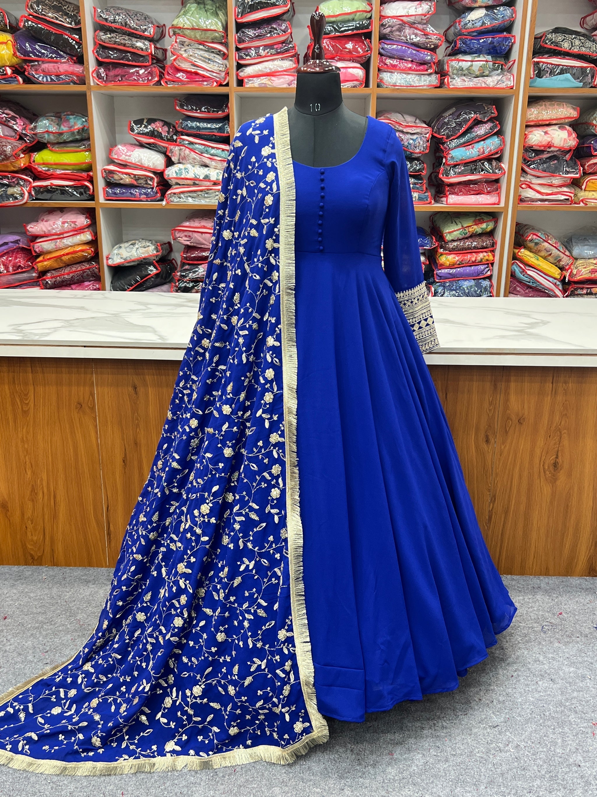 Admirable Dark Blue Color Heavy Work Gown Designs