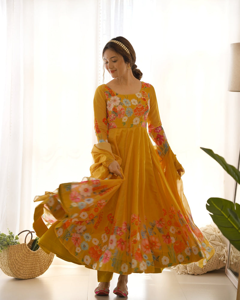Anarkali Designer Mustered Yellow color Gown For Women