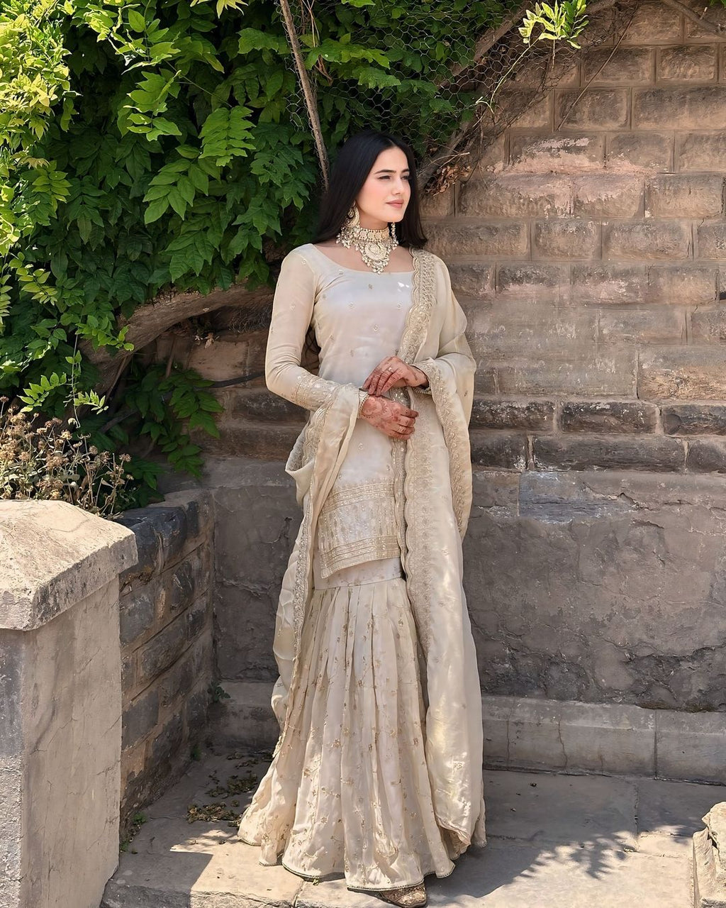 Cream Mirror Designer Gown Sarara Suits For Girls