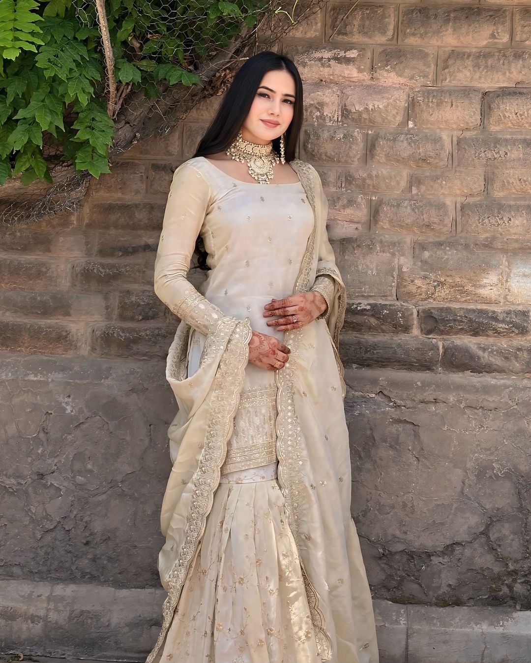Cream Mirror Designer Gown Sarara Suits For Girls