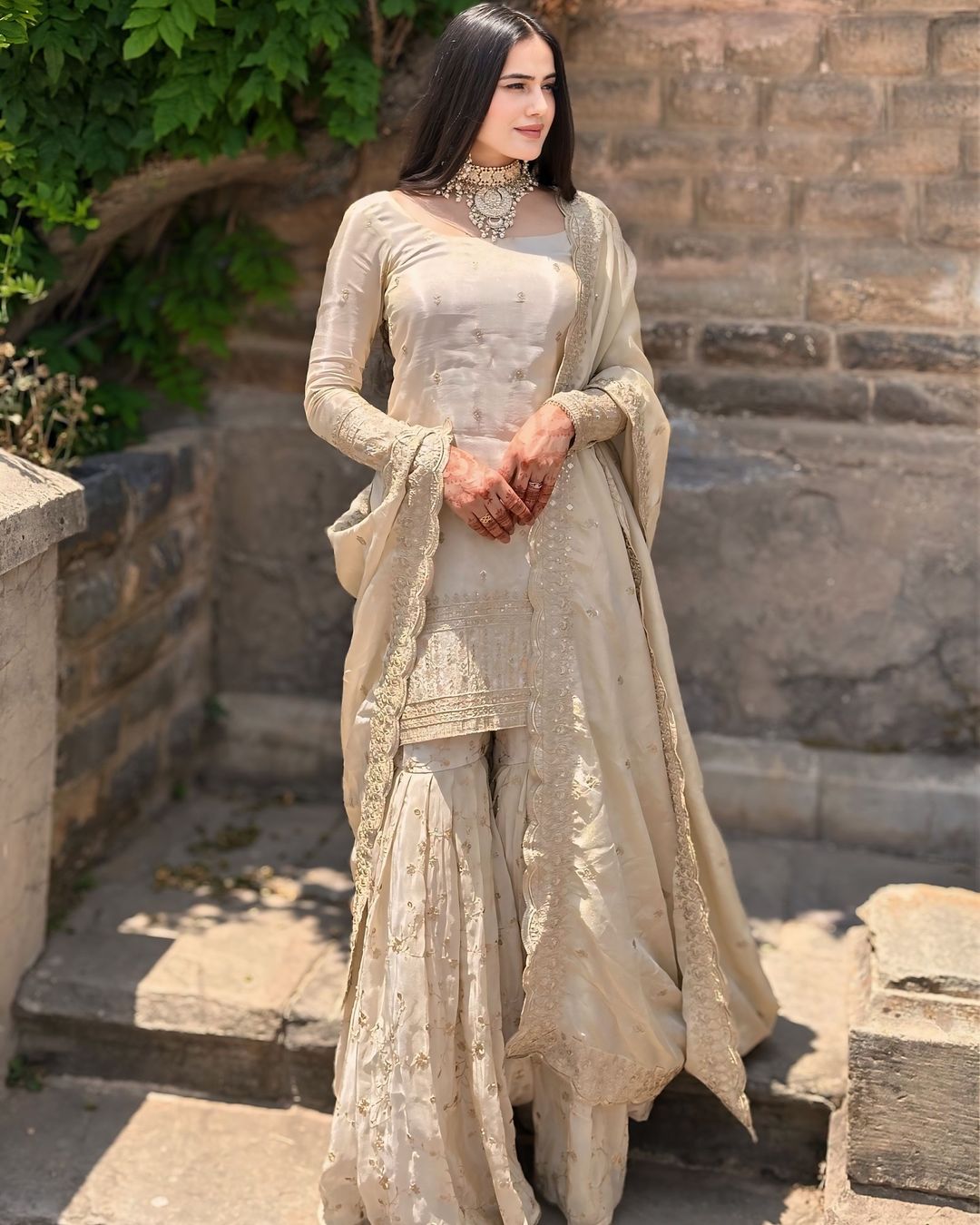 Cream Mirror Designer Gown Sarara Suits For Girls