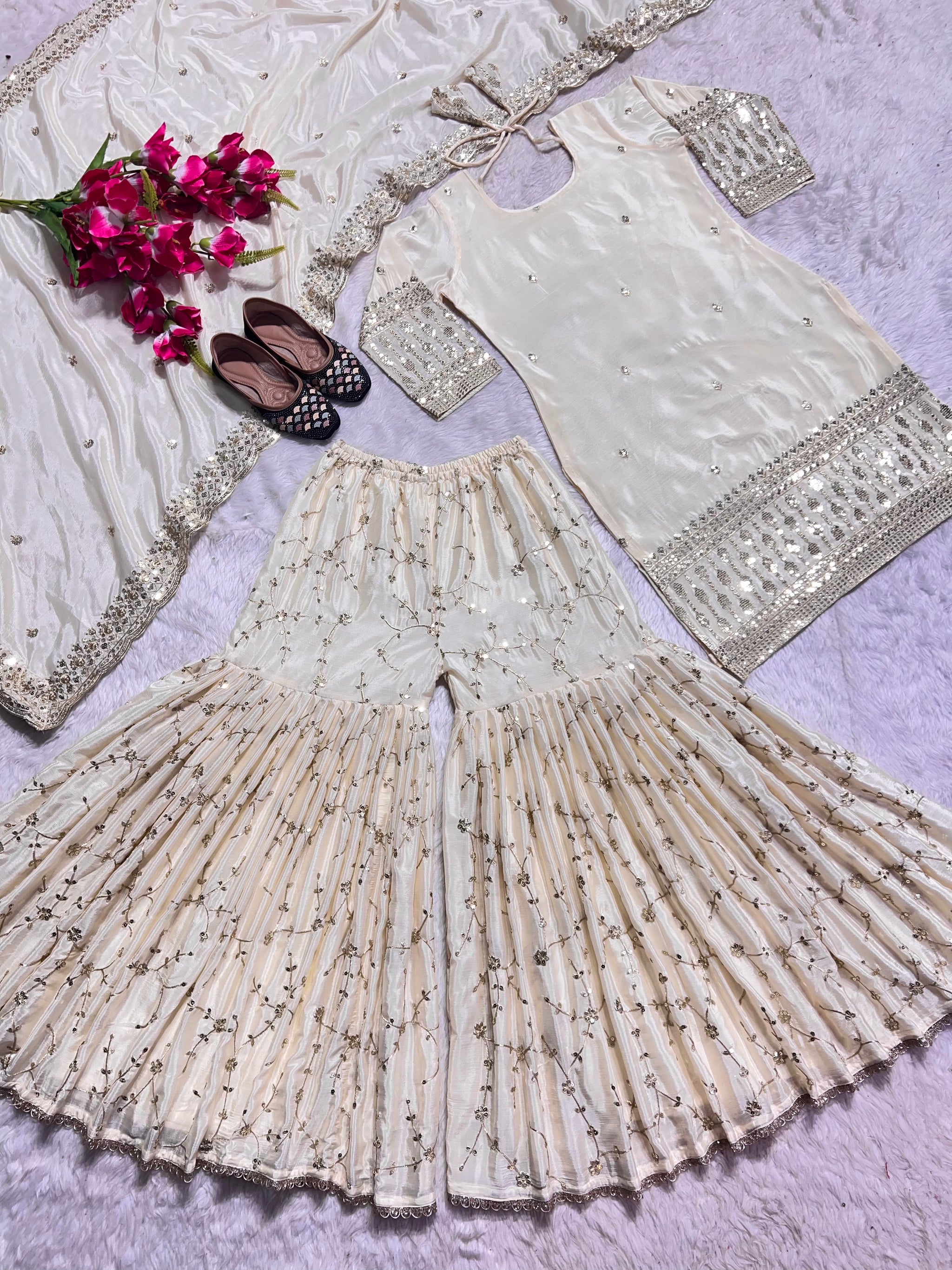 Cream Mirror Designer Gown Sarara Suits For Girls