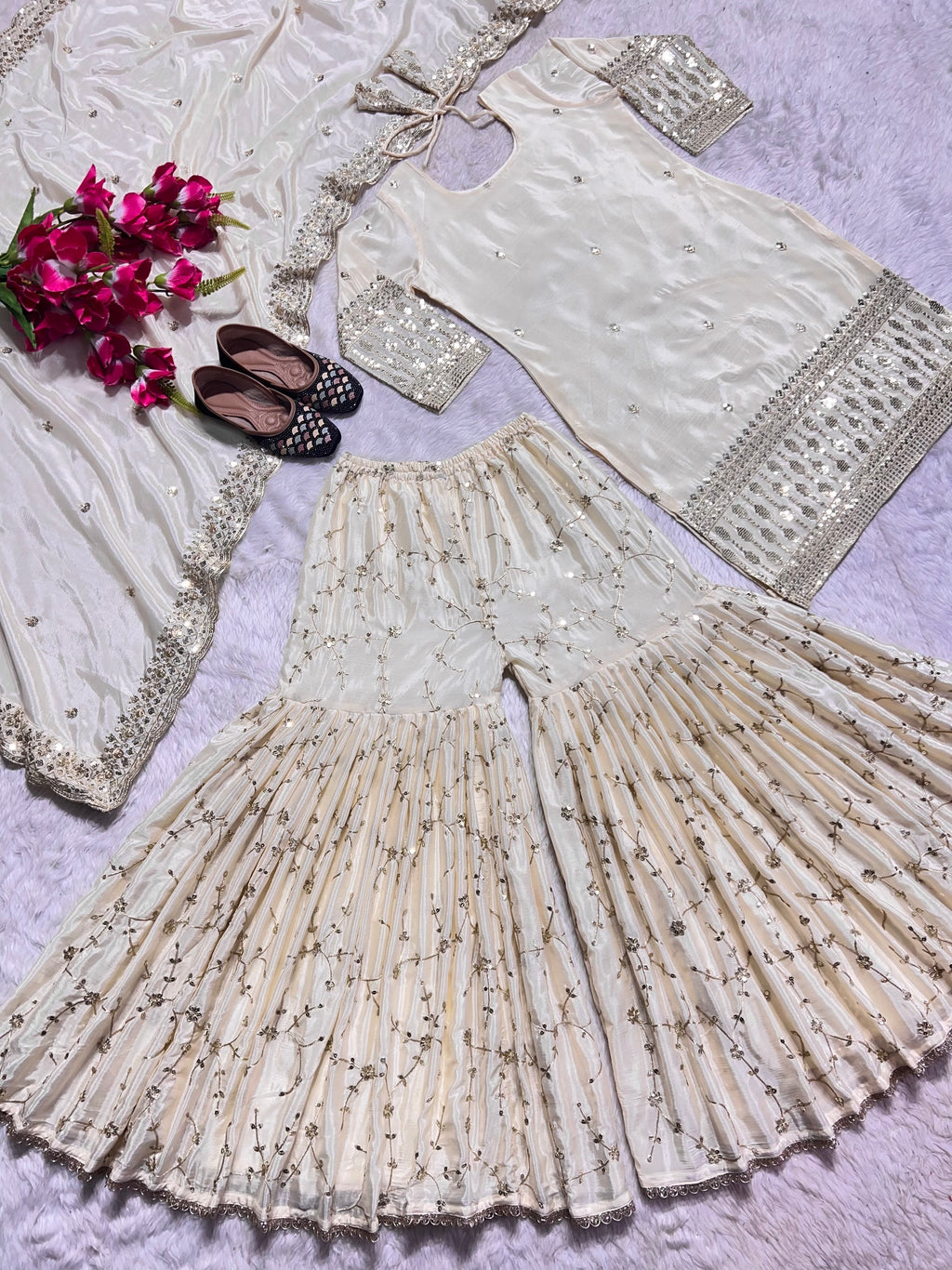 Cream Mirror Designer Gown Sarara Suits For Girls