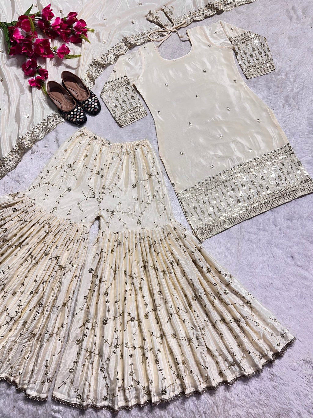 Cream Mirror Designer Gown Sarara Suits For Girls