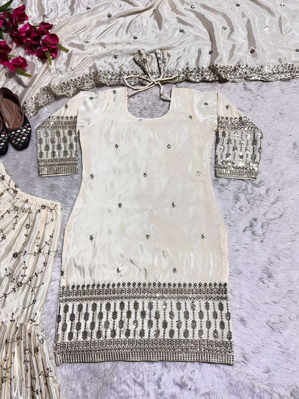 Cream Mirror Designer Gown Sarara Suits For Girls