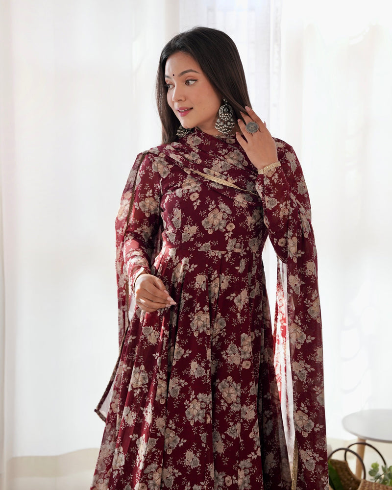 Alluring Dark Maroon Color Attractive Designer Gown