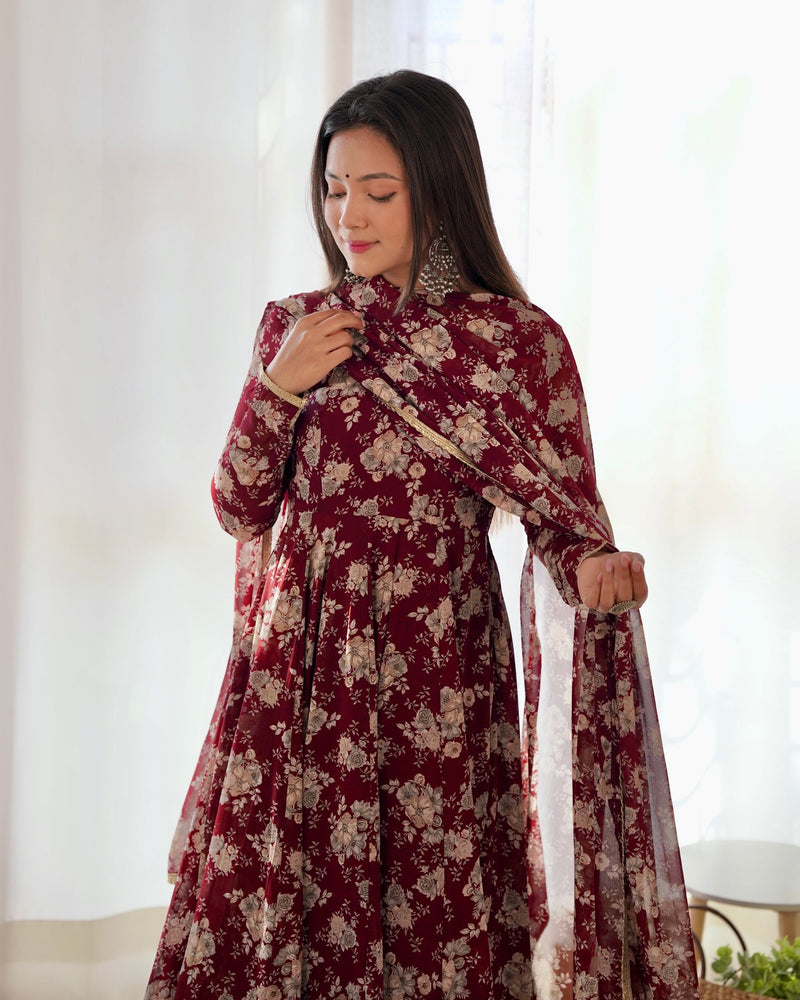 Alluring Dark Maroon Color Attractive Designer Gown