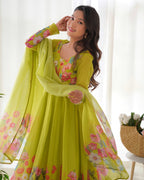 green color Regular Wear Multi Printed Gown Designs