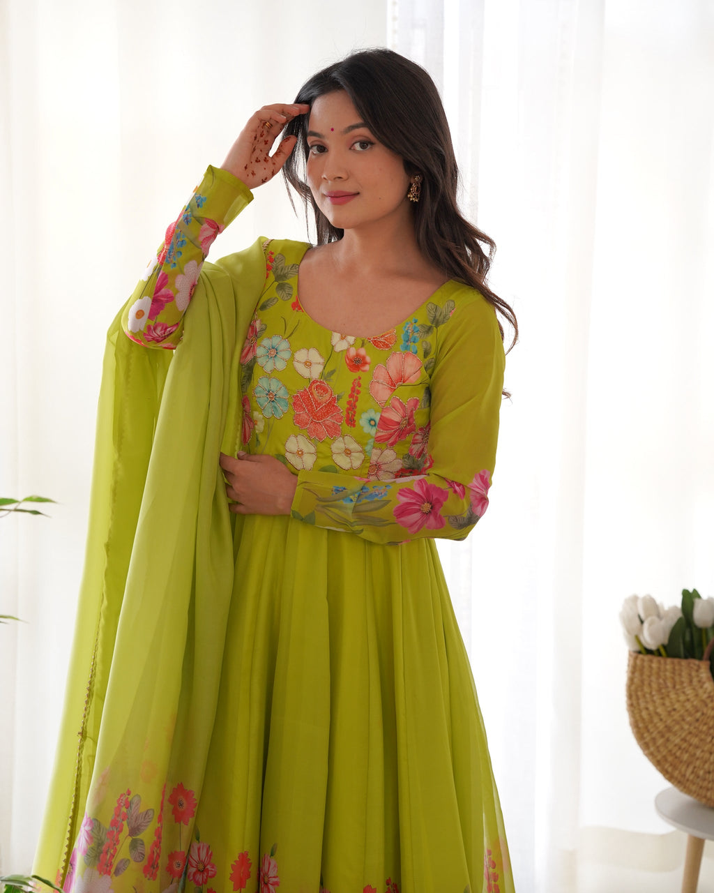 green color Regular Wear Multi Printed Gown Designs