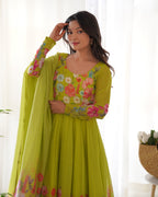 green color Regular Wear Multi Printed Gown Designs