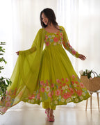 green color Regular Wear Multi Printed Gown Designs