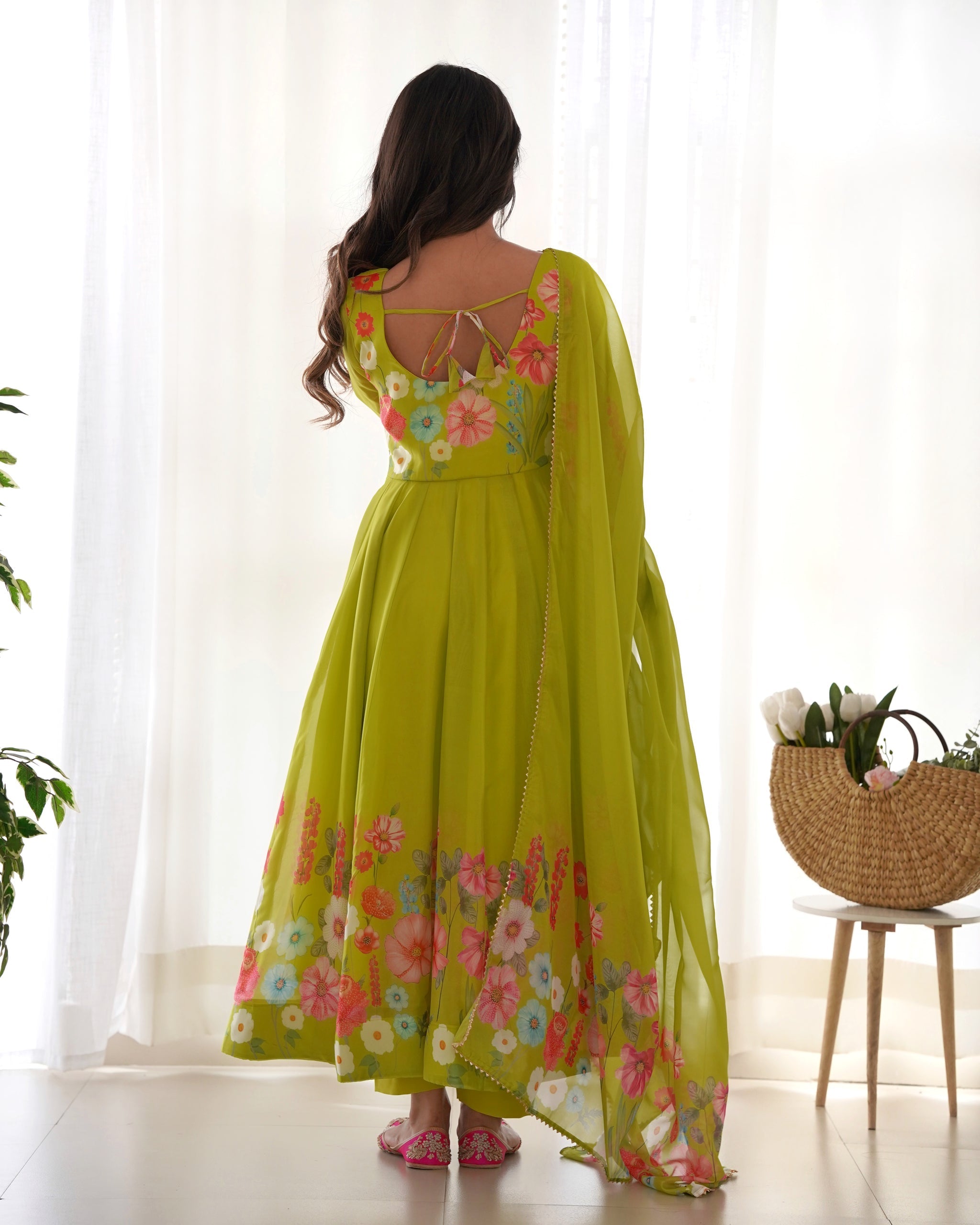 green color Regular Wear Multi Printed Gown Designs