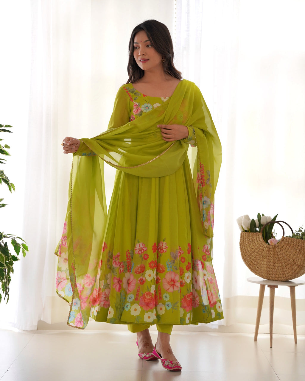 green color Regular Wear Multi Printed Gown Designs
