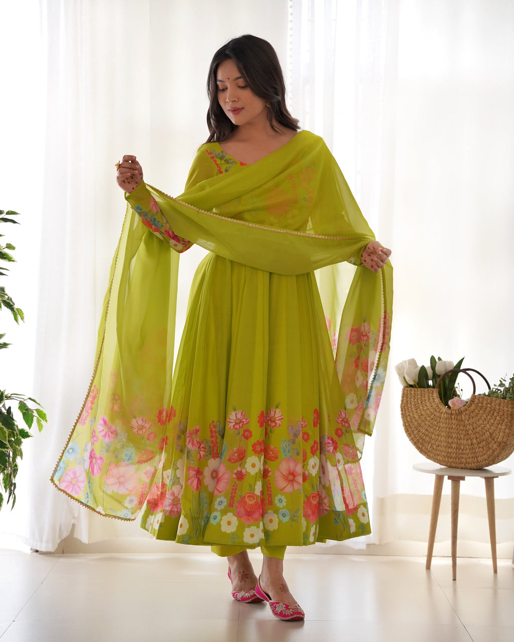 green color Regular Wear Multi Printed Gown Designs