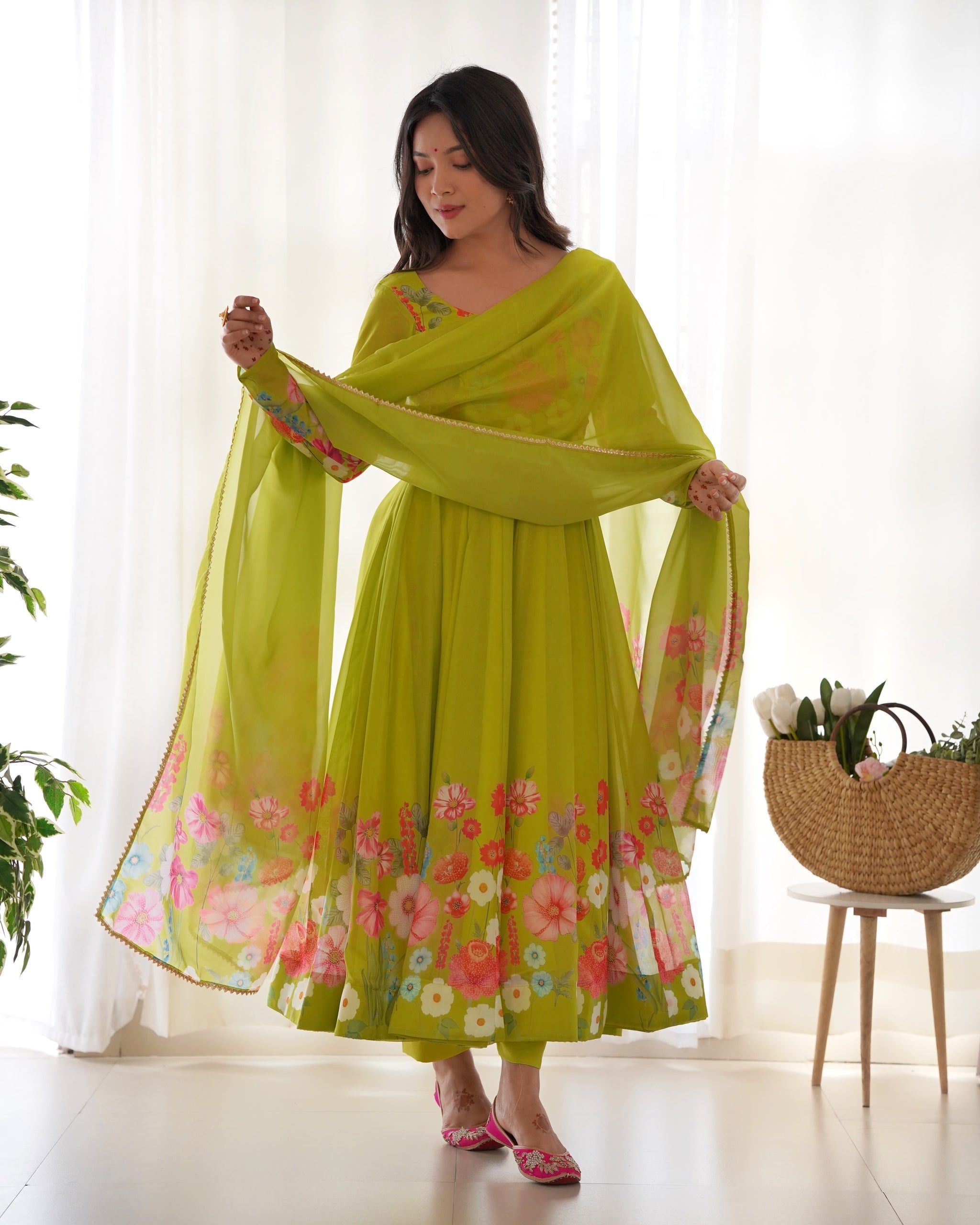 green color Regular Wear Multi Printed Gown Designs