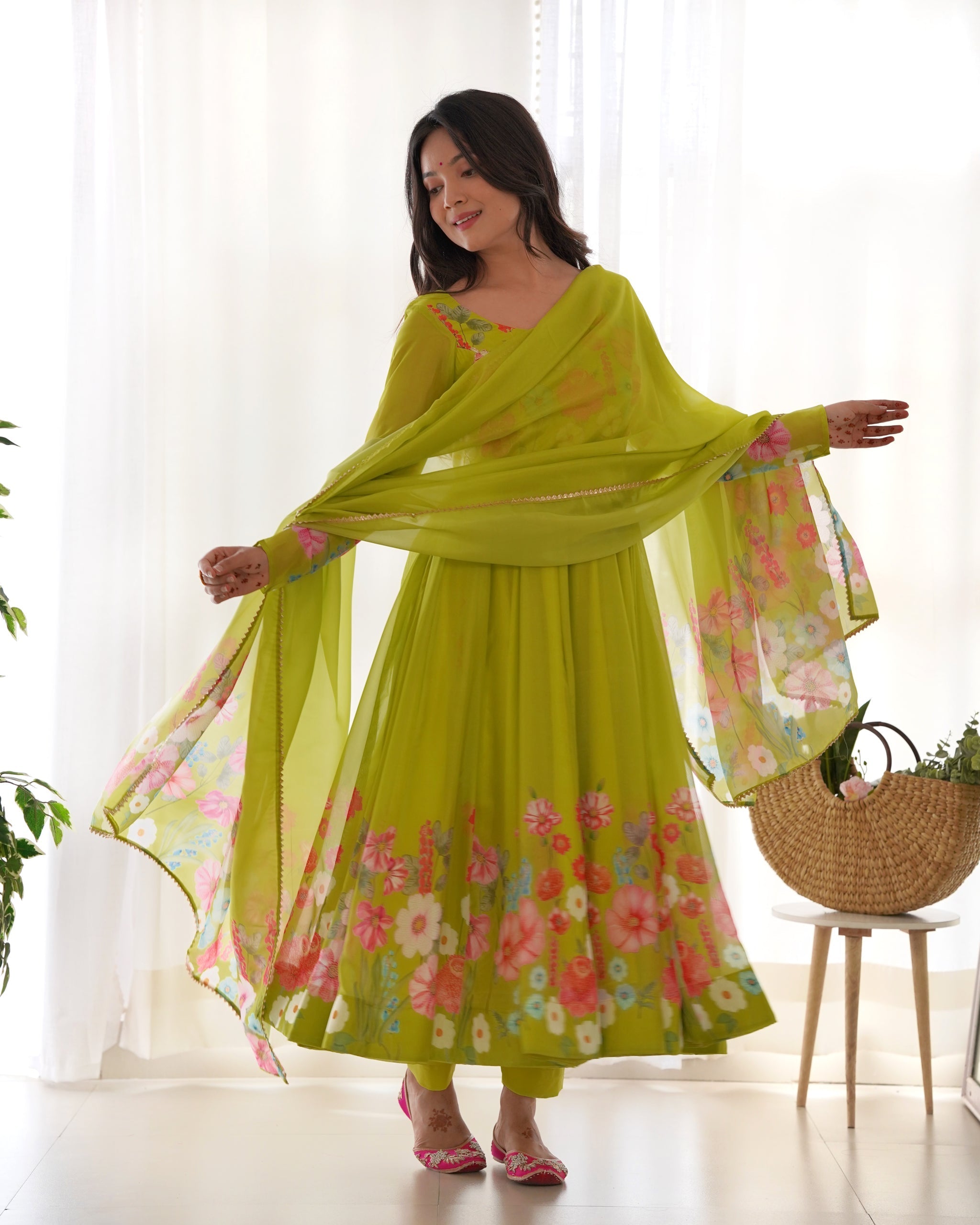 green color Regular Wear Multi Printed Gown Designs