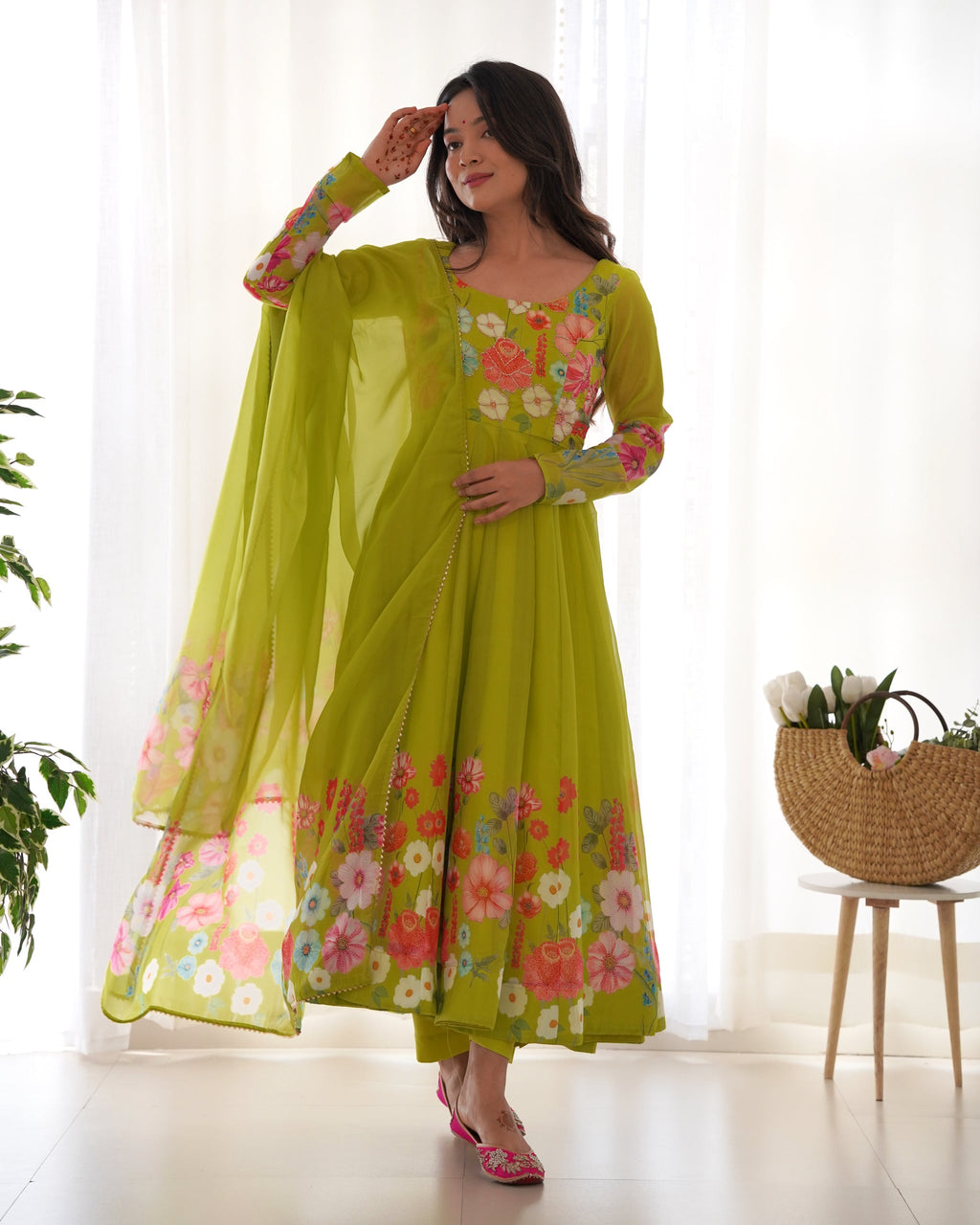 green color Regular Wear Multi Printed Gown Designs