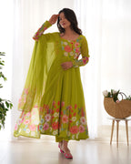 green color Regular Wear Multi Printed Gown Designs
