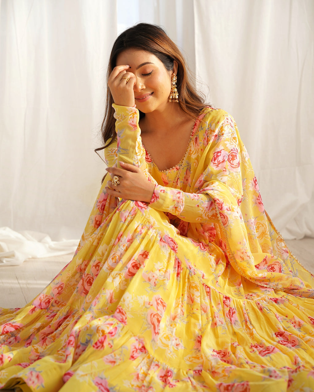 Audacious Yellow Color Printed Work Online Gown