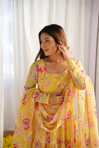 Audacious Yellow Color Printed Work Online Gown