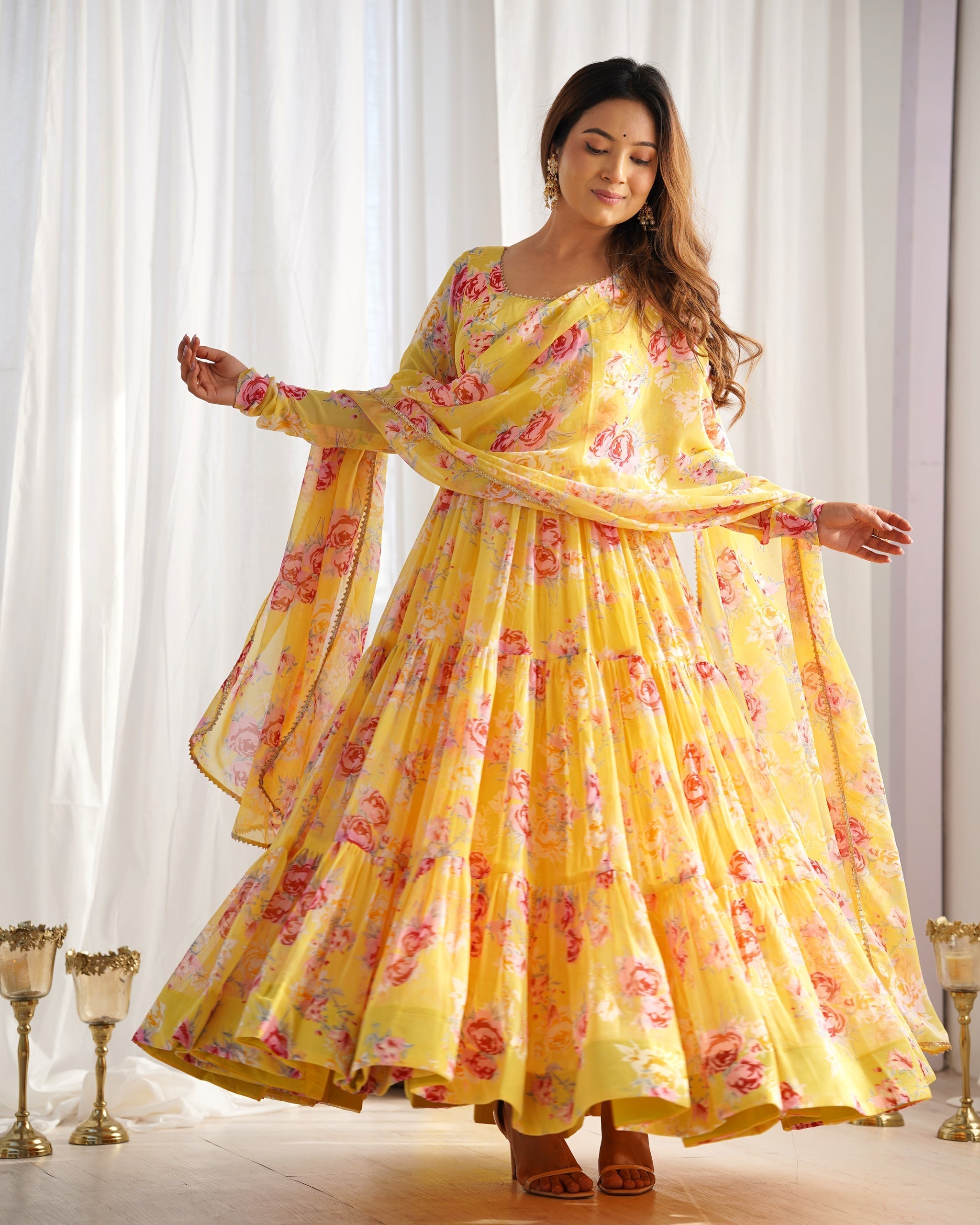 Audacious Yellow Color Printed Work Online Gown