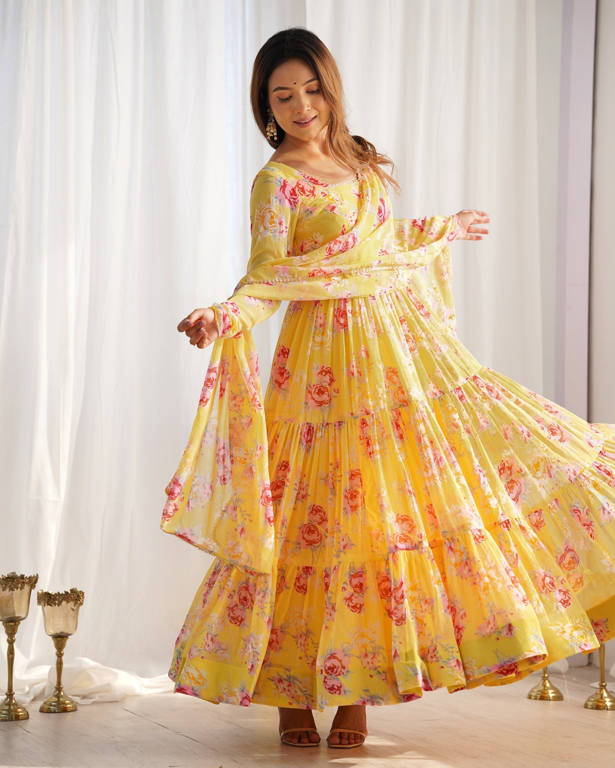 Audacious Yellow Color Printed Work Online Gown