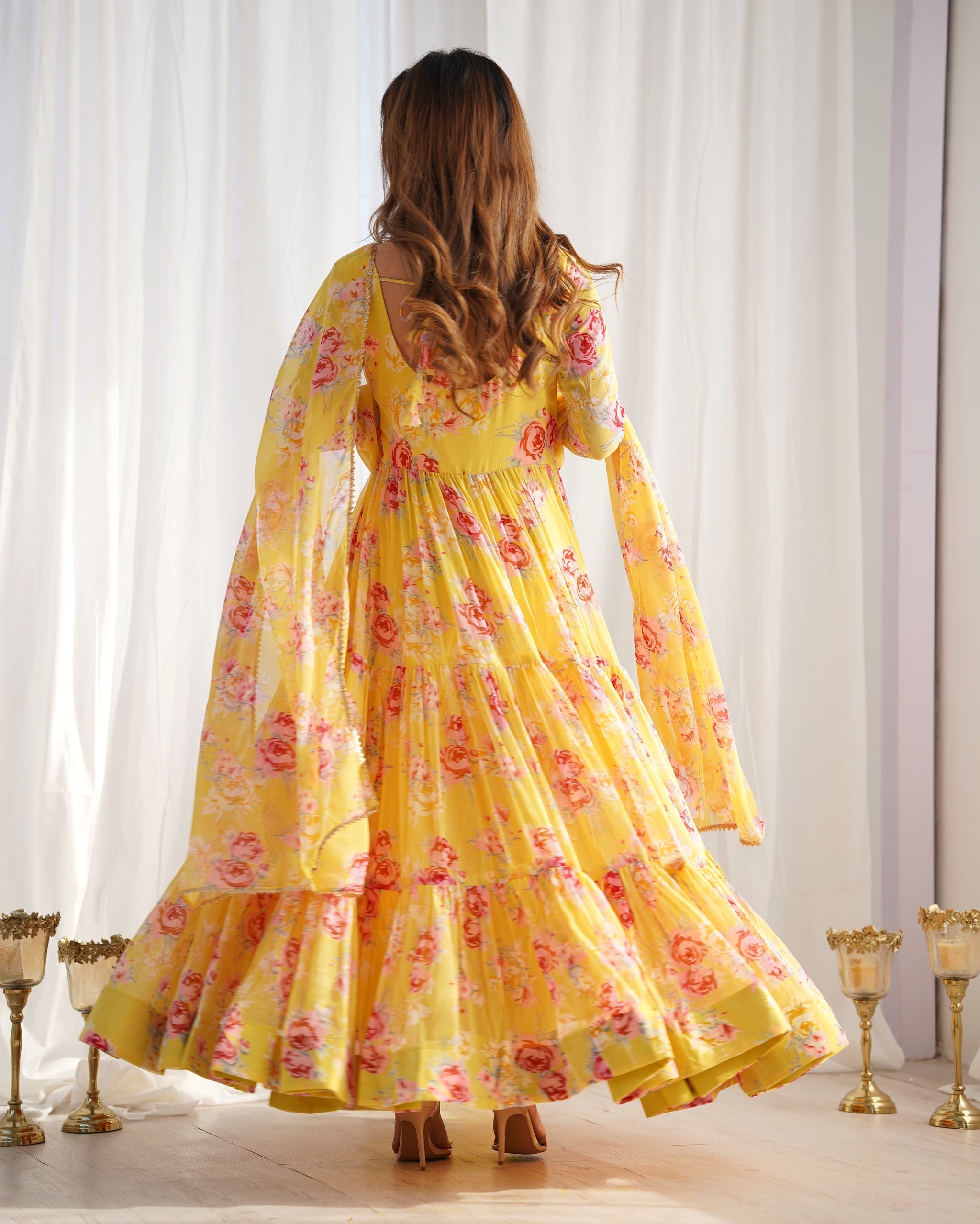 Audacious Yellow Color Printed Work Online Gown
