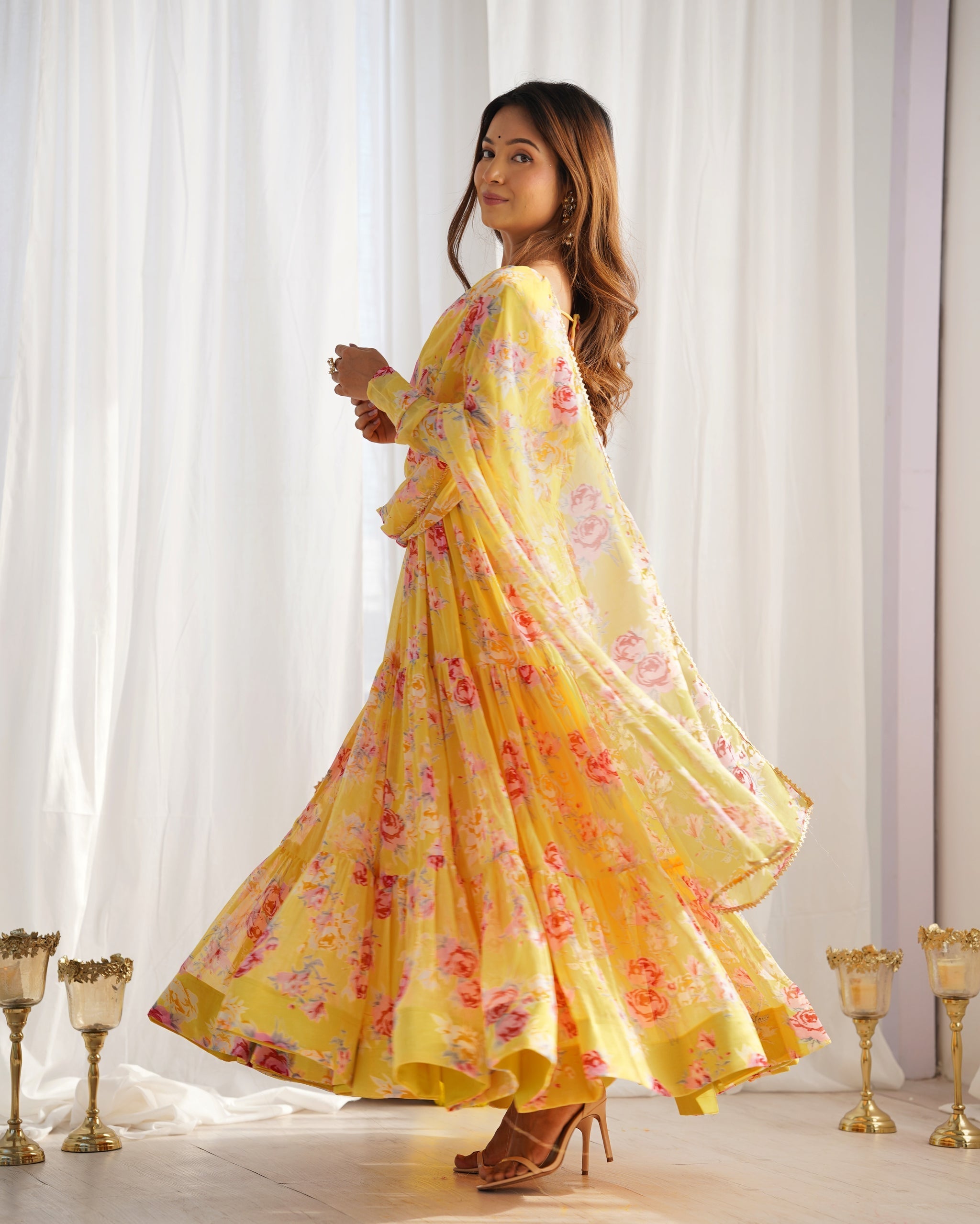 Audacious Yellow Color Printed Work Online Gown