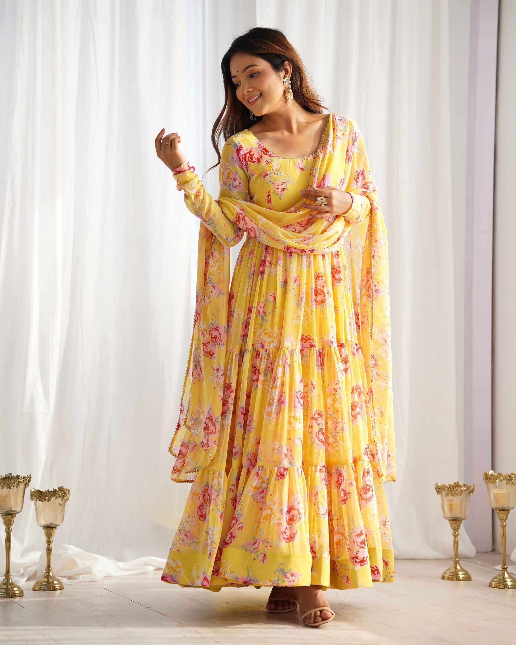 Audacious Yellow Color Printed Work Online Gown