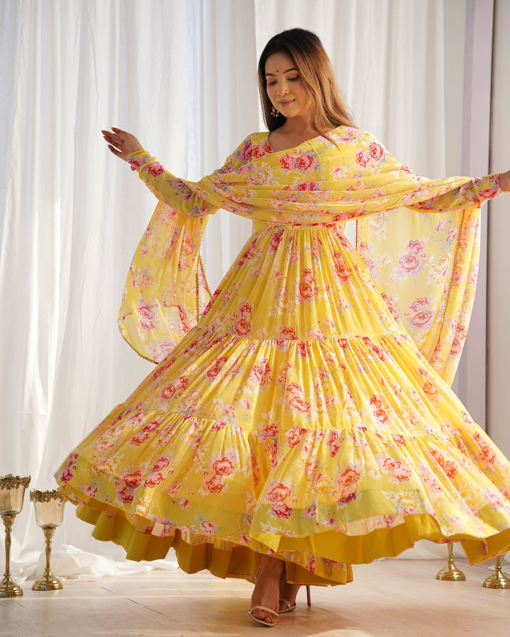 Audacious Yellow Color Printed Work Online Gown