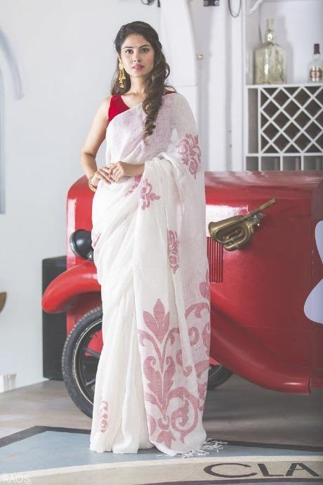 Pure Linen Cotton White Colour Party Wear Saree SY 205