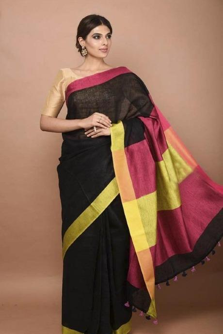 Pure Linen Silk Black Colour Party Wear Saree SY 175