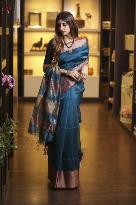 Superior Blue Colored Hand Weaving Soft Silk Online Saree SY 750