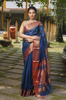 Breathtaking Blue Shade Handwoven Cotton Silk Maheshwari Saree for woven wear