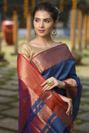 Brilliant Blue Color Linen Designer Hand Weaving Jacquard party wear saree