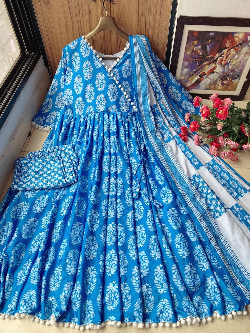 Sky Blue Satin Silk Anarkali Gown With Tam Tam Work Border
