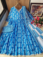 Sky Blue Satin Silk Anarkali Gown With Tam Tam Work Border