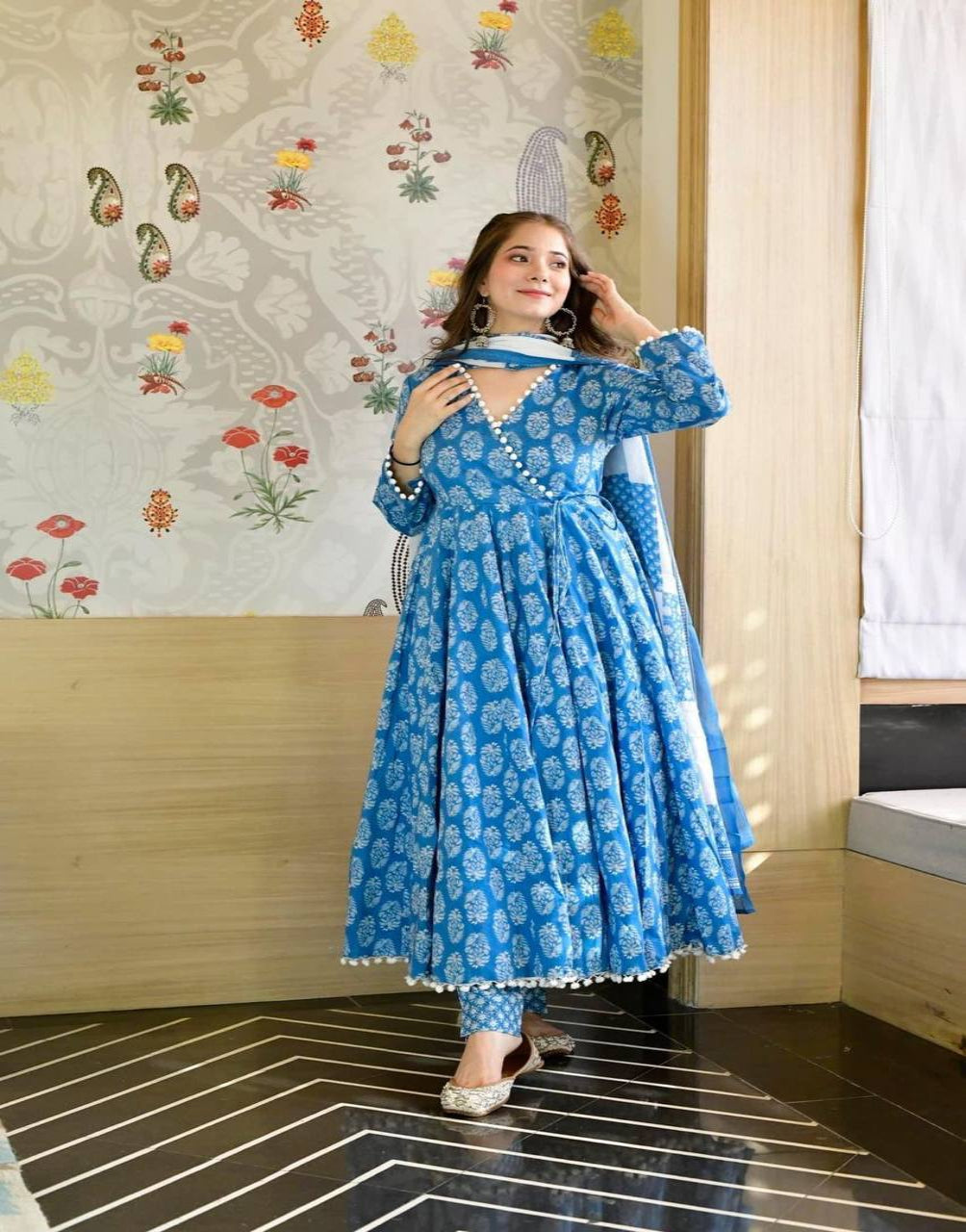 Sky Blue Satin Silk Anarkali Gown With Tam Tam Work Border