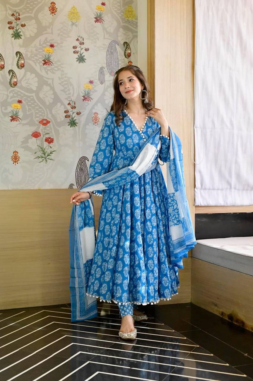 Sky Blue Satin Silk Anarkali Gown With Tam Tam Work Border